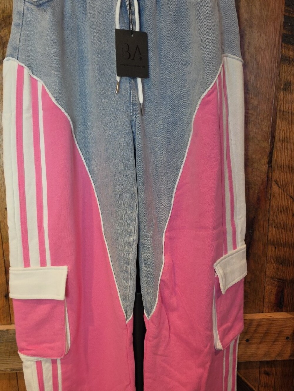 042p Colorblock Pink and Light Blue Cargo Joggers with Drawstring Waist - Picture 6 of 12